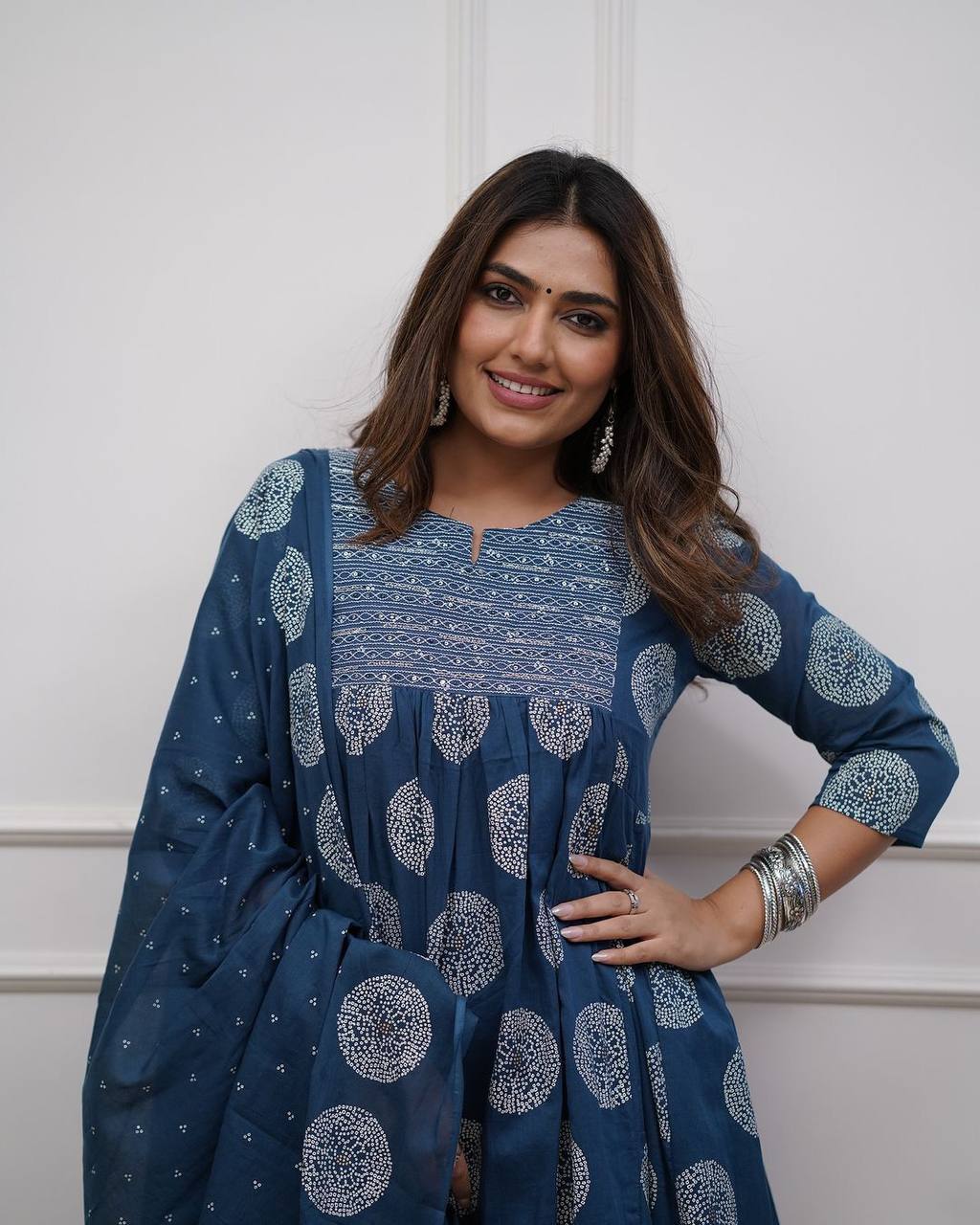"Navy Blue Bandhani-Print Cotton Kurta Set – Effortless Elegance in Everyday Style"