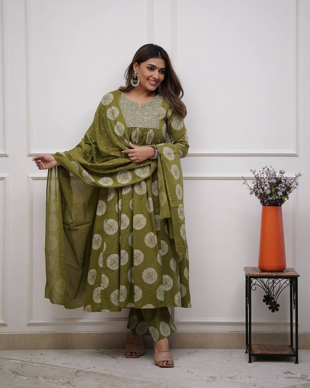 "Olive Green Bandhani-Print Cotton Kurta Set – Graceful Comfort for Everyday Wear"