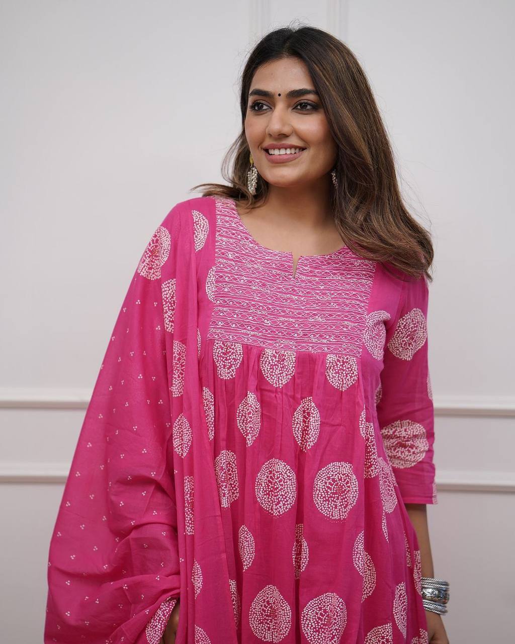 "Hot Pink Bandhani-Print Cotton Kurta Set – Everyday Elegance with Comfort"