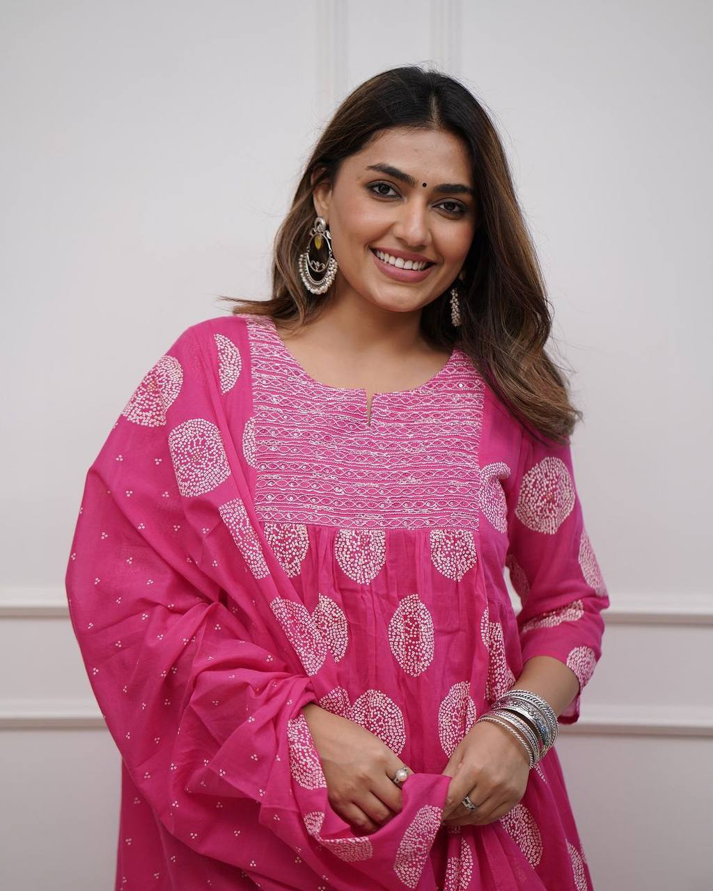 "Hot Pink Bandhani-Print Cotton Kurta Set – Everyday Elegance with Comfort"