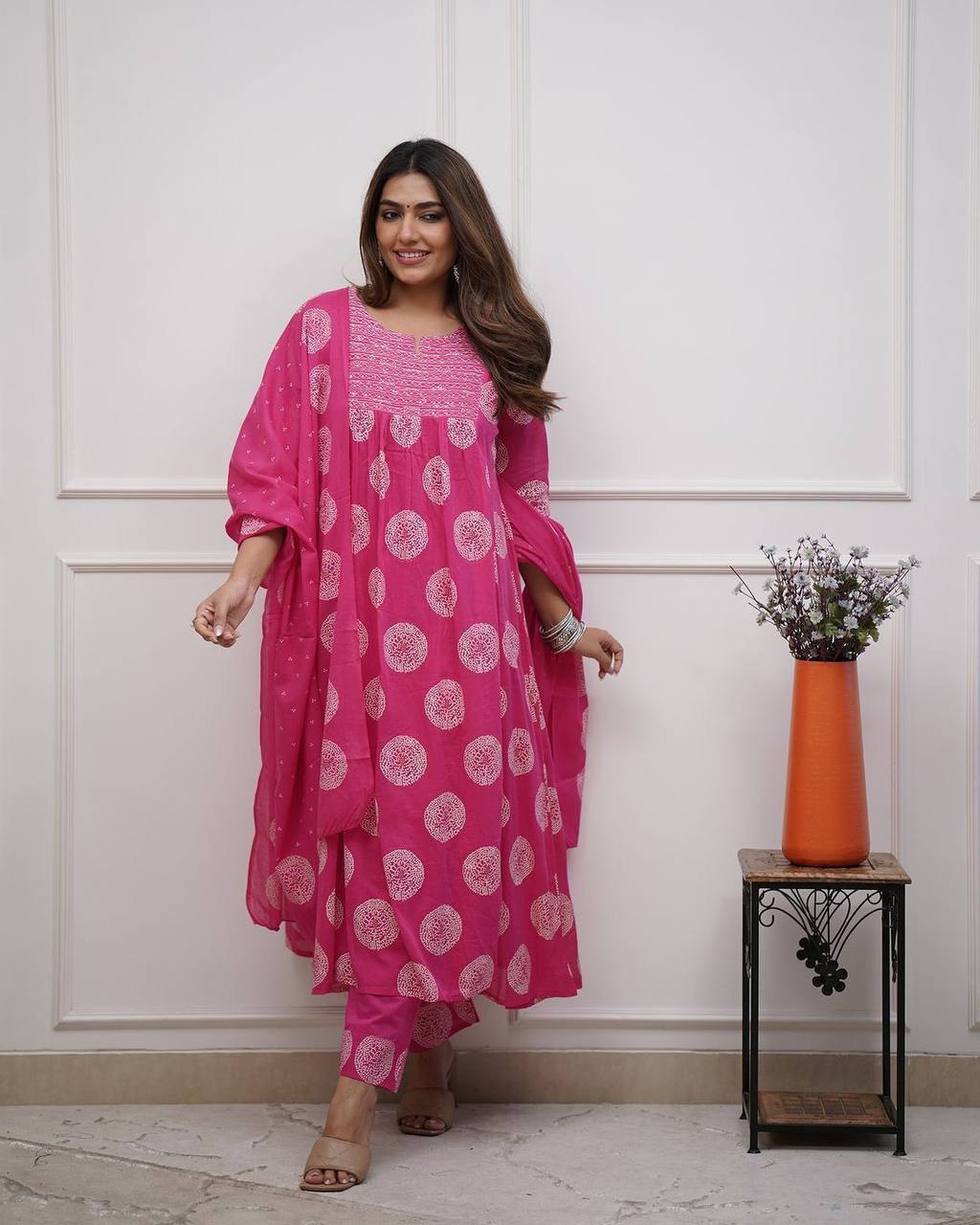 "Hot Pink Bandhani-Print Cotton Kurta Set – Everyday Elegance with Comfort"