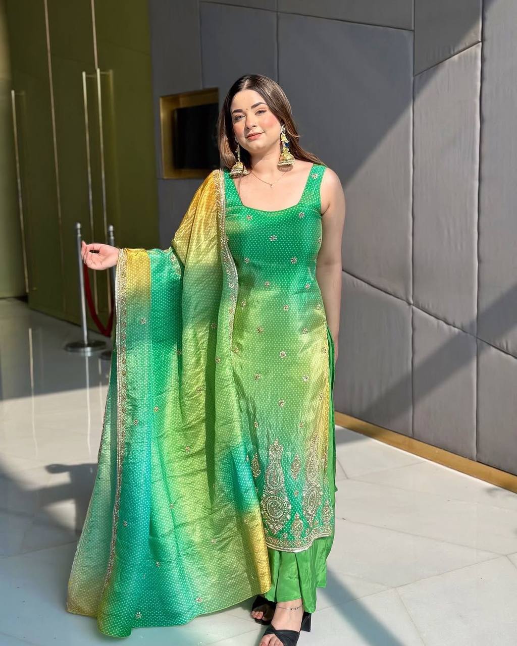 "Elegant Green and Yellow Ombre Sharara Suit – Festive Wear"