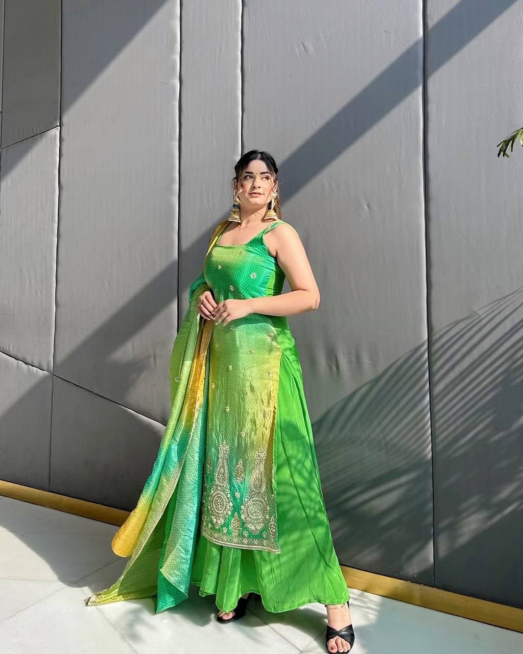 "Elegant Green and Yellow Ombre Sharara Suit – Festive Wear"