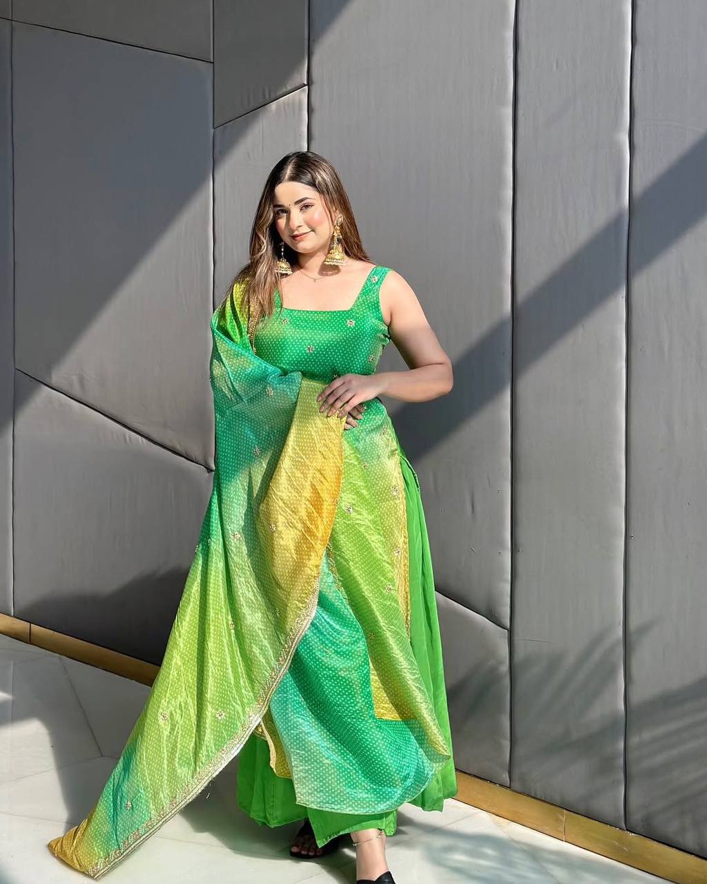 "Elegant Green and Yellow Ombre Sharara Suit – Festive Wear"
