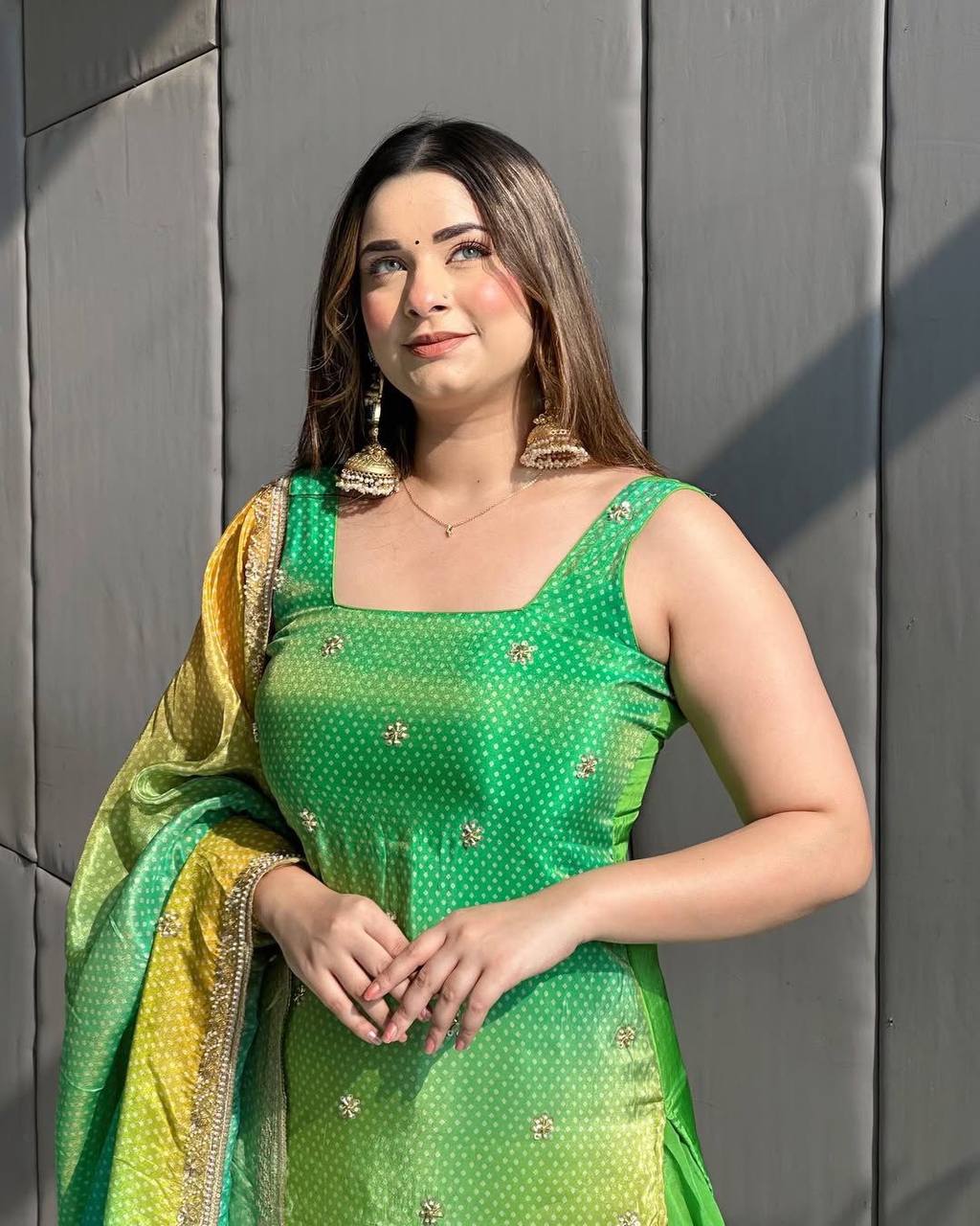 "Elegant Green and Yellow Ombre Sharara Suit – Festive Wear"
