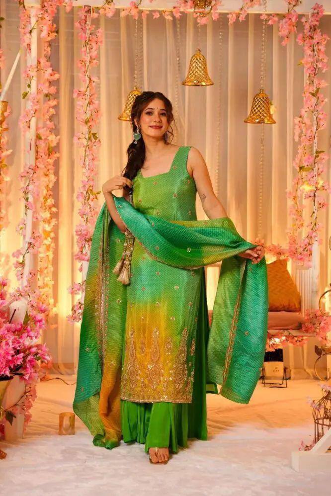 "Elegant Green and Yellow Ombre Sharara Suit – Festive Wear"